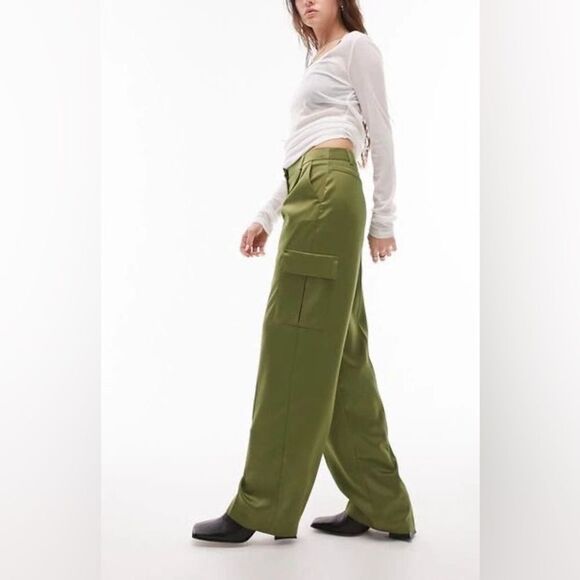 NEW Topshop satin cargo wide leg pants in khaki army olive green size 2 NWT - Picture 2 of 16